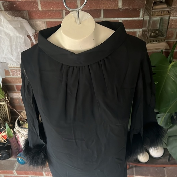 Vintage 60s Shift dress with Chiffon sleeves and Maribou trim - Picture 2 of 5